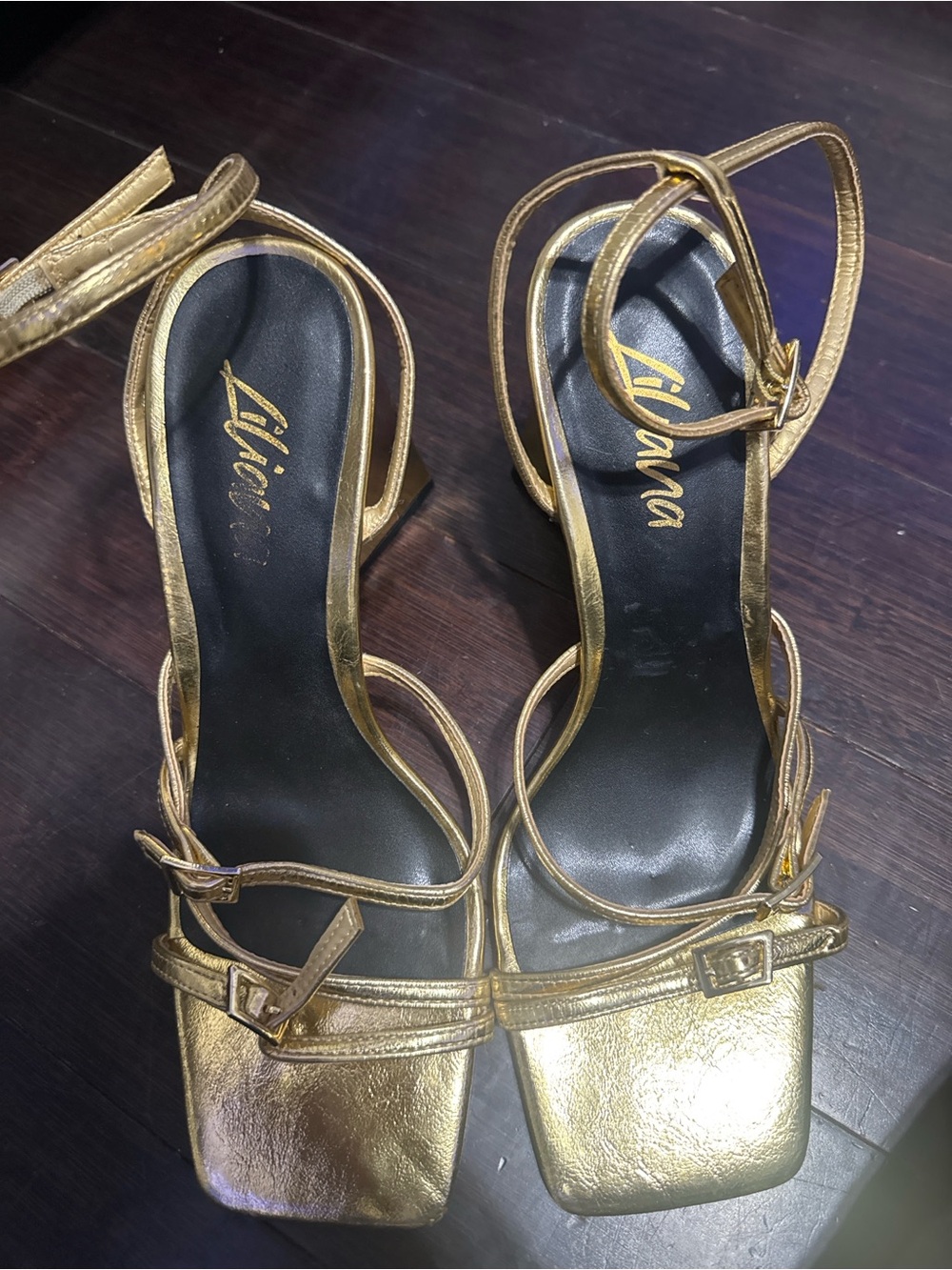 Liliana Metallic Gold Strappy Square-Toe Heels